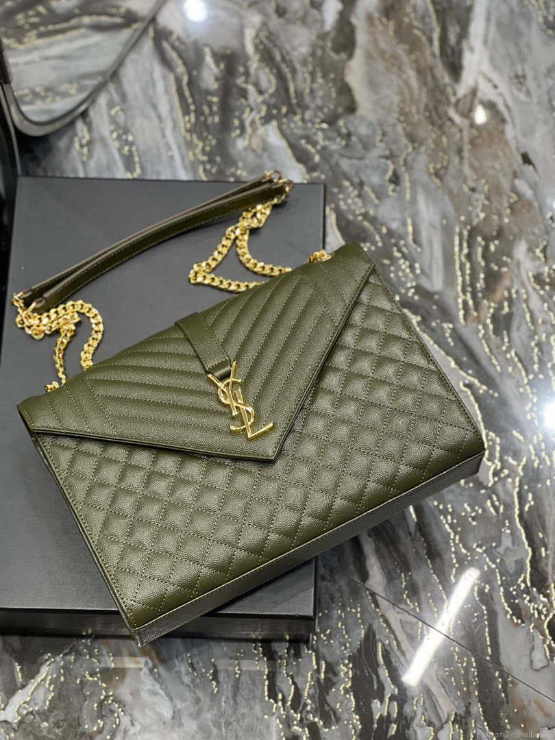 YSL 600166 Envelope Large In Quilted Grain De Poudre Embossed Leather Black Green