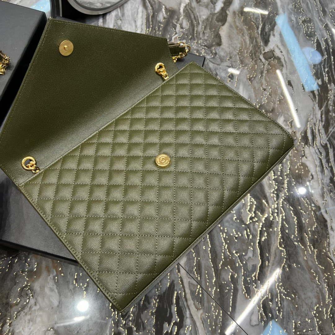 YSL 600166 Envelope Large In Quilted Grain De Poudre Embossed Leather Black Green