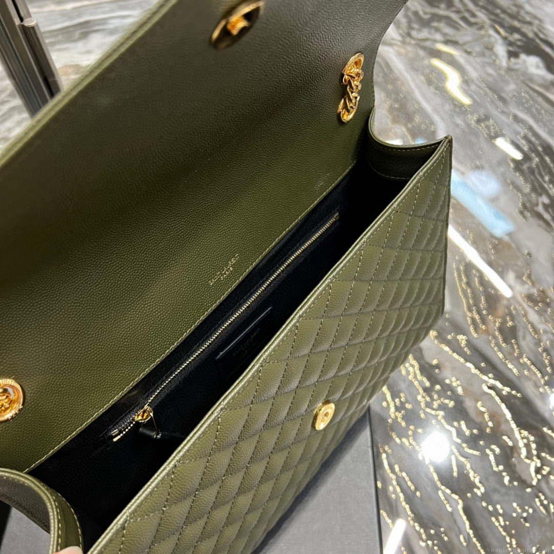 YSL 600166 Envelope Large In Quilted Grain De Poudre Embossed Leather Black Green