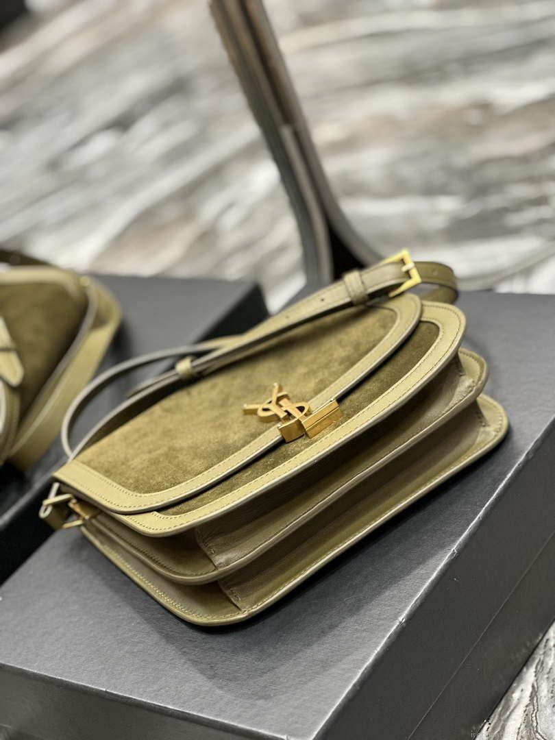 YSL 635025 Saint Laurent Solferino Medium Soft Satchel In Suede And Smooth Leather Green