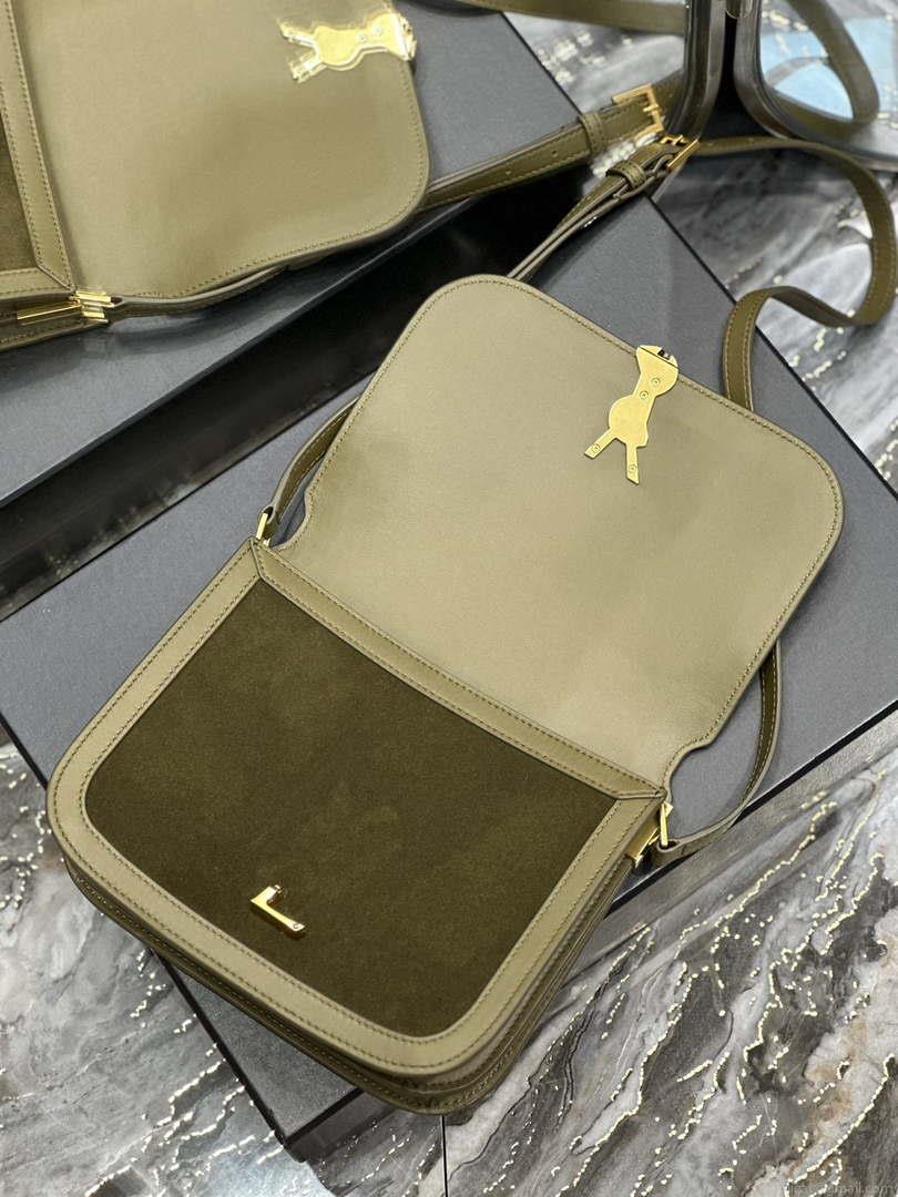 YSL 635025 Saint Laurent Solferino Medium Soft Satchel In Suede And Smooth Leather Green