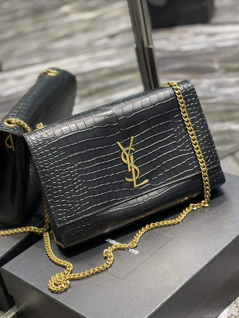 YSL 553804 Saint Laurent Reversible Medium Kate in Crocodile Leather Black