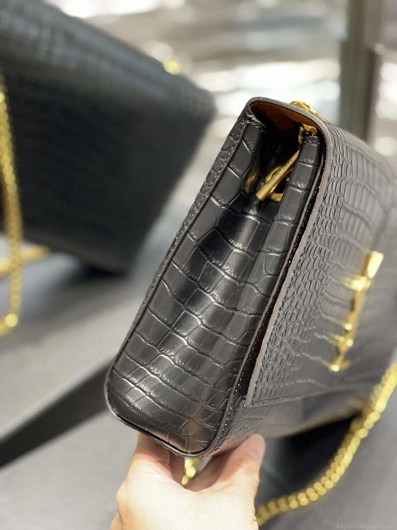 YSL 553804 Saint Laurent Reversible Medium Kate in Crocodile Leather Black
