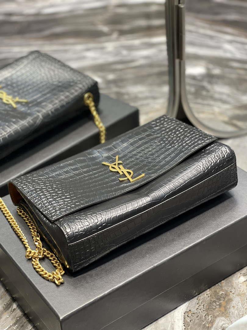 YSL 553804 Saint Laurent Reversible Medium Kate in Crocodile Leather Black