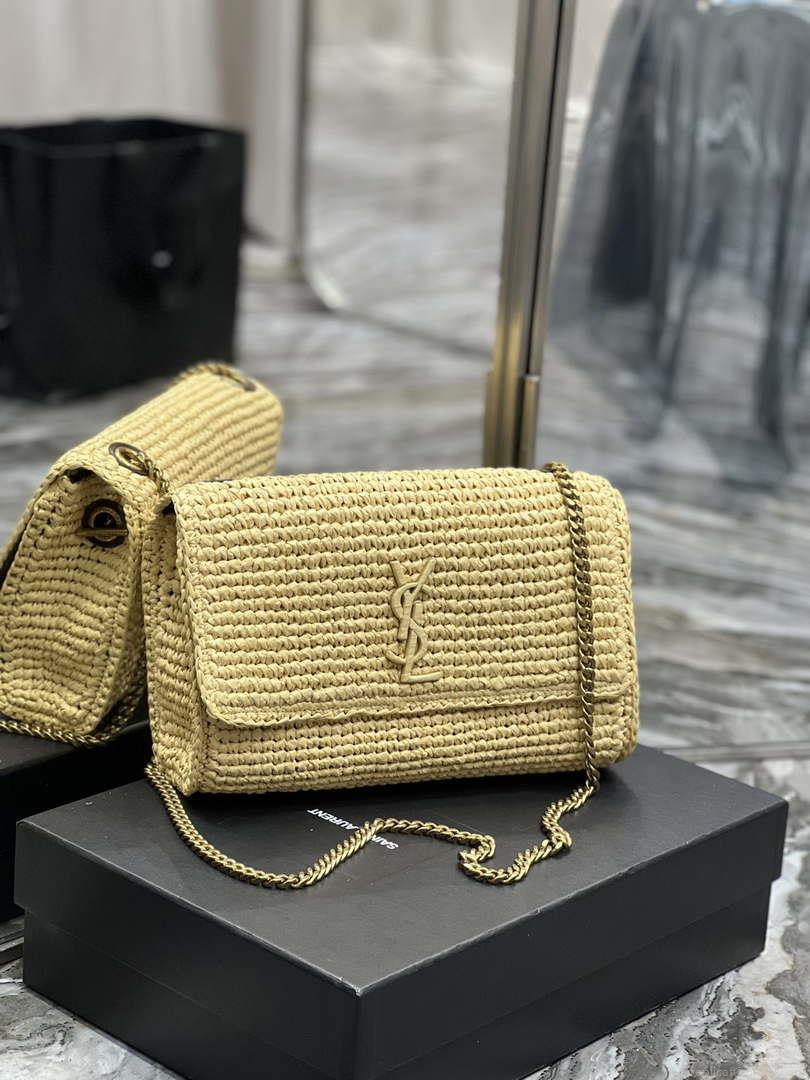 YSL 553804 Saint Laurent Medium Kate in Raffia with Brown Leather