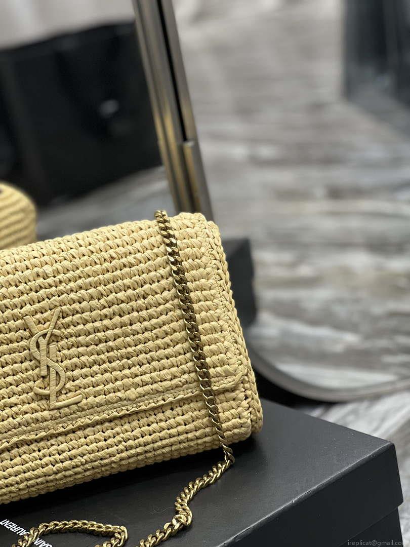 YSL 553804 Saint Laurent Medium Kate in Raffia with Brown Leather
