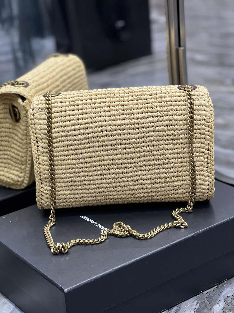 YSL 553804 Saint Laurent Medium Kate in Raffia with Brown Leather