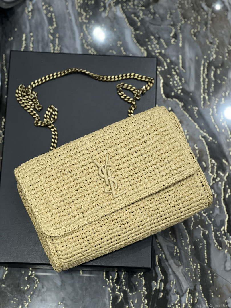 YSL 553804 Saint Laurent Medium Kate in Raffia with Brown Leather