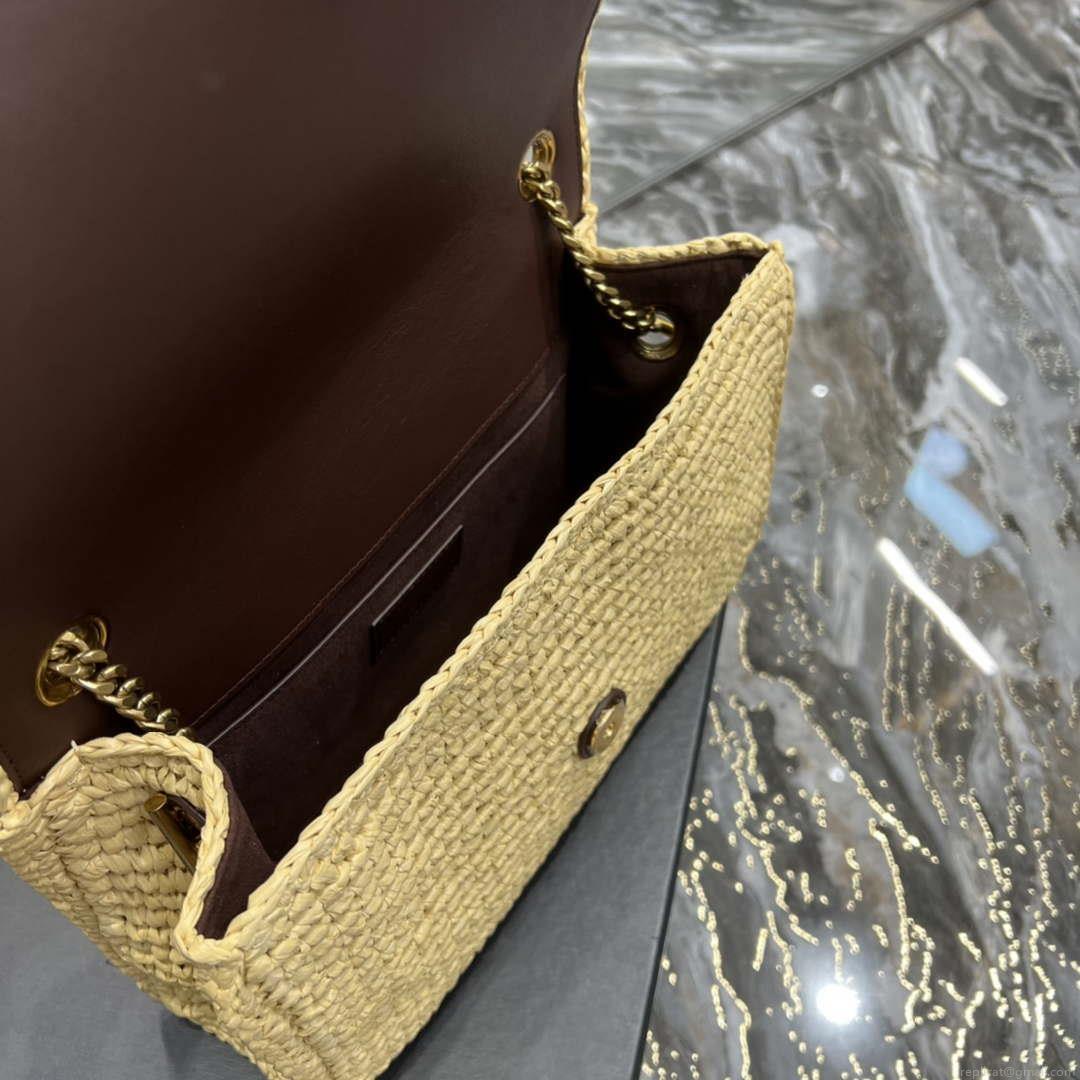 YSL 553804 Saint Laurent Medium Kate in Raffia with Brown Leather