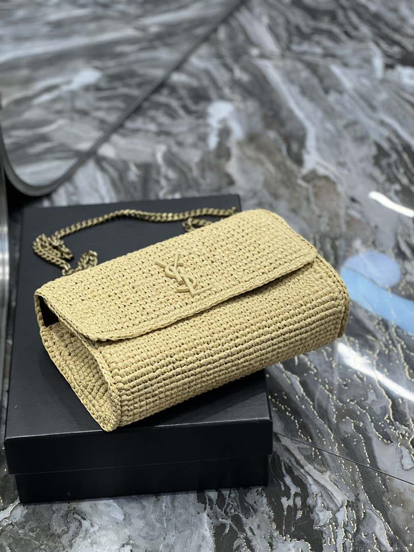 YSL 553804 Saint Laurent Medium Kate in Raffia with Brown Leather