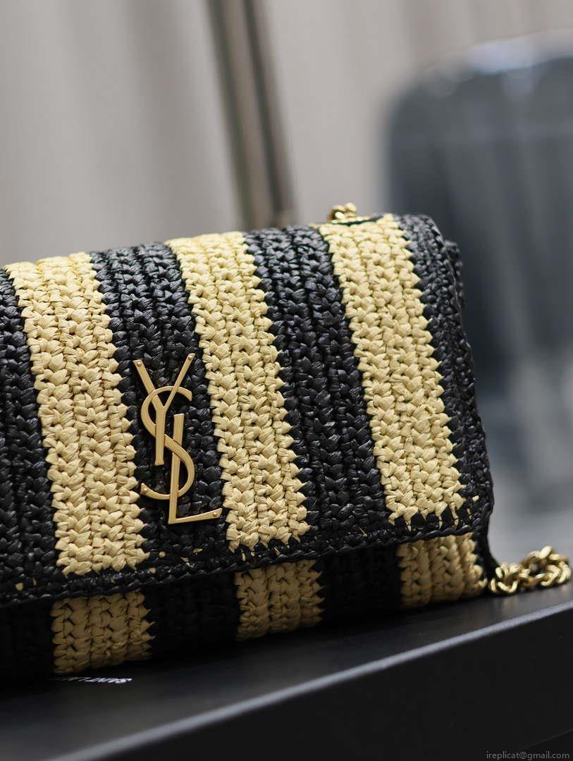 YSL 553804 Saint Laurent Medium Kate in Apricot Raffia with black Leather