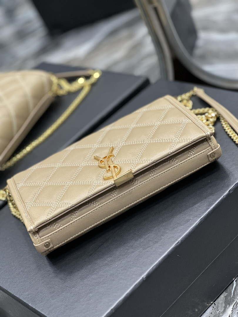 YSL 585031 Saint Laurent Becky Chain Shoulder Bag Leather Apricot