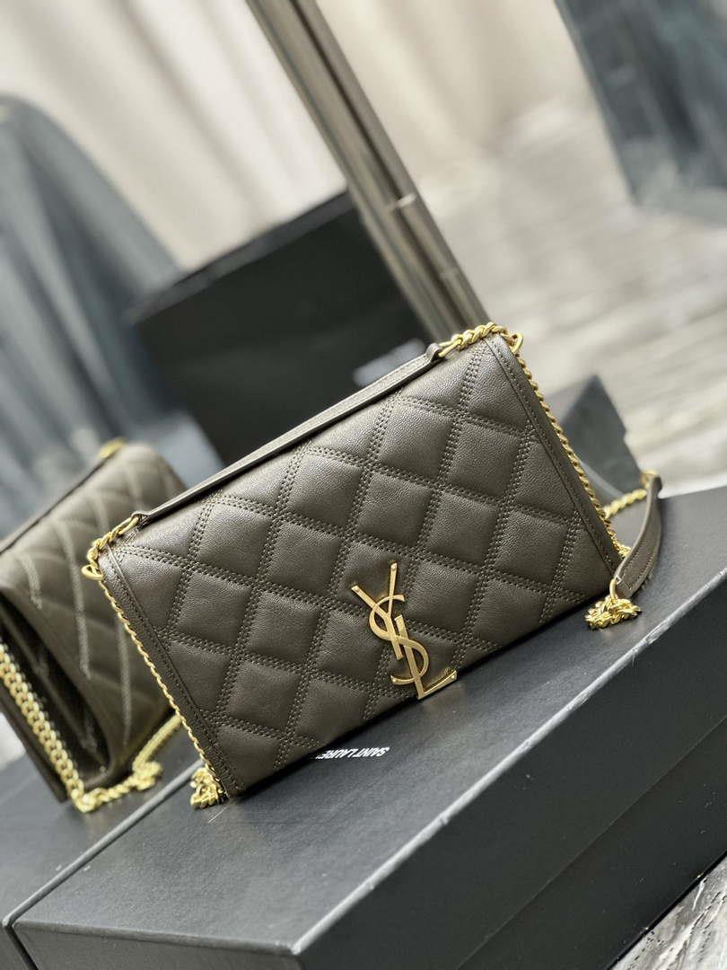 YSL 585031 Saint Laurent Becky Chain Shoulder Bag Leather Gray