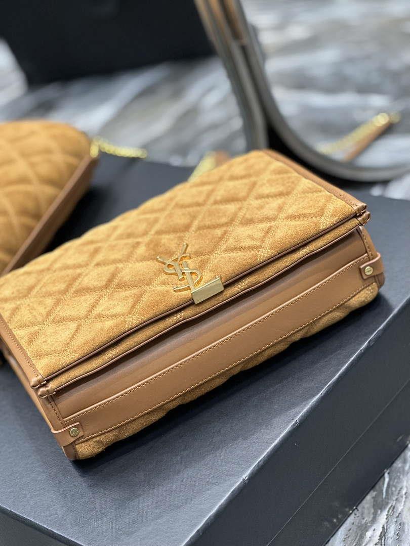 YSL 629246 Saint Laurent Becky Chain Shoulder Bag 25cm Suede Leather Tan