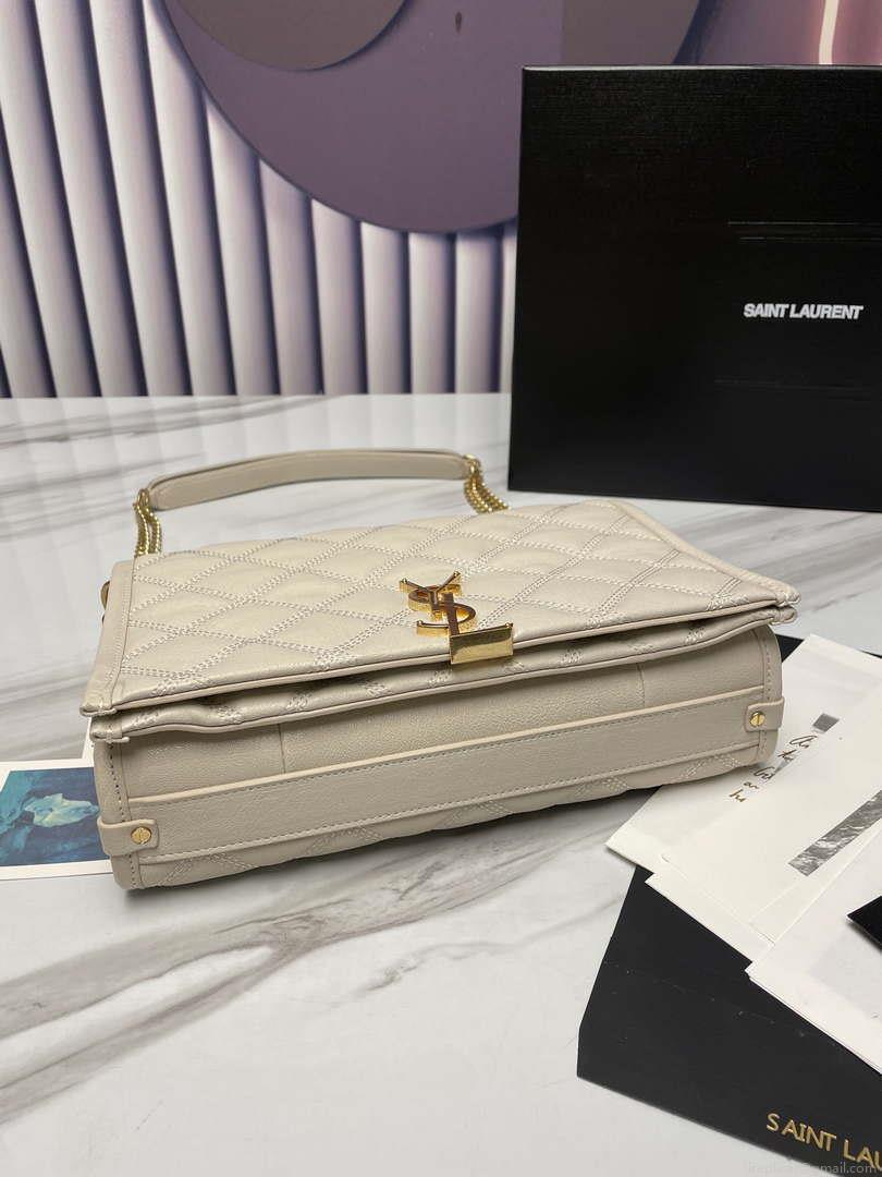 YSL 629246 Saint Laurent Becky Chain Shoulder Bag 25cm Leather Beige Silver