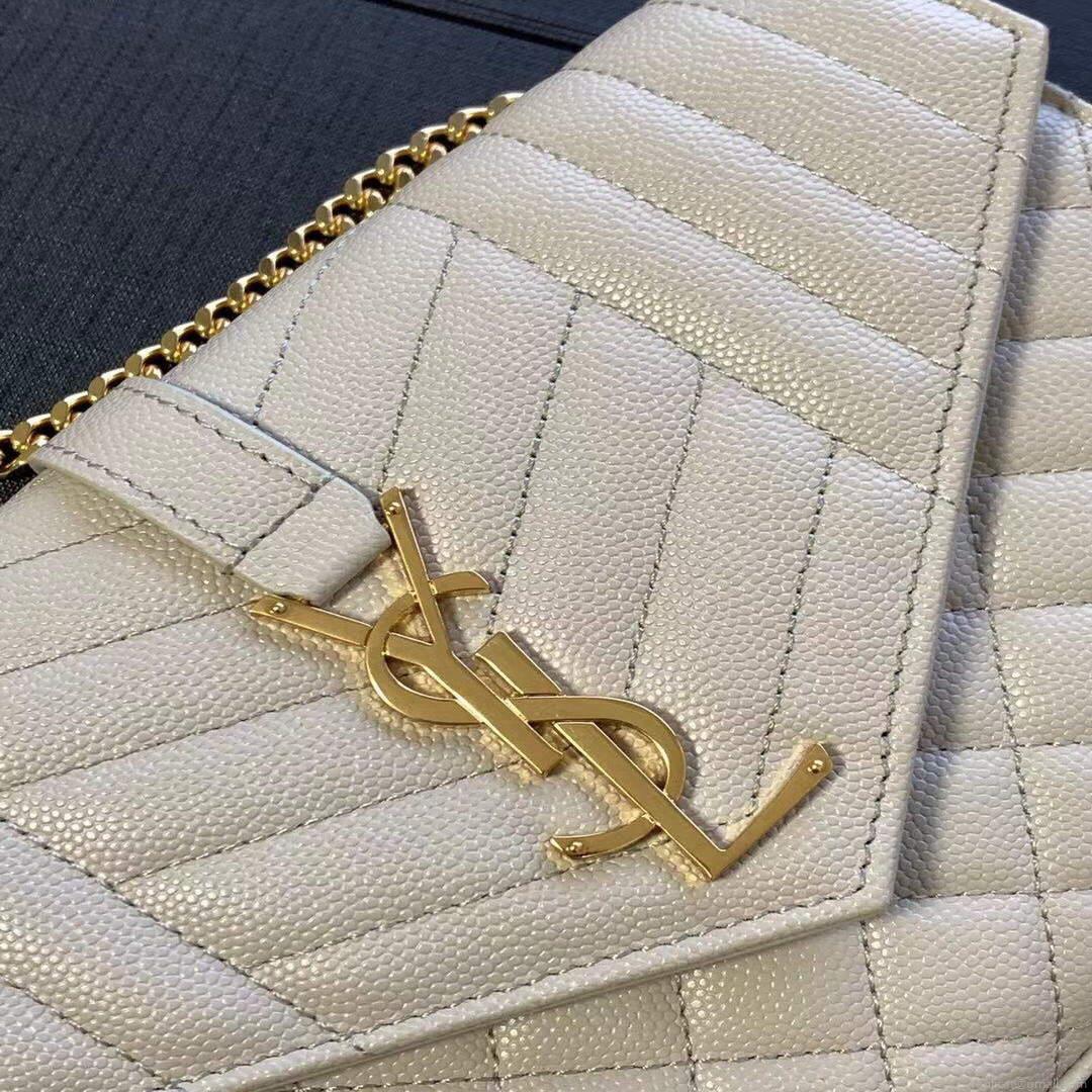 YSL 620280 Monogram Chain Wallet In Mix Matelassé Grain Embossed White