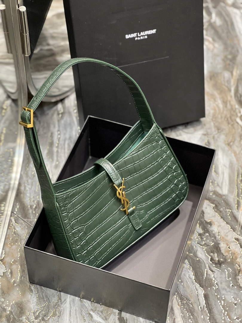 YSL LE5À7 657228 Hobo Bag In Crocodile Embossed Shiny Leather Dark Green