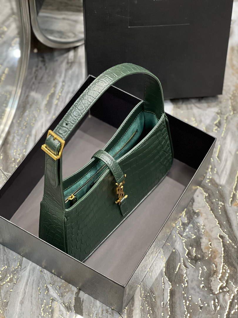 YSL LE5À7 657228 Hobo Bag In Crocodile Embossed Shiny Leather Dark Green
