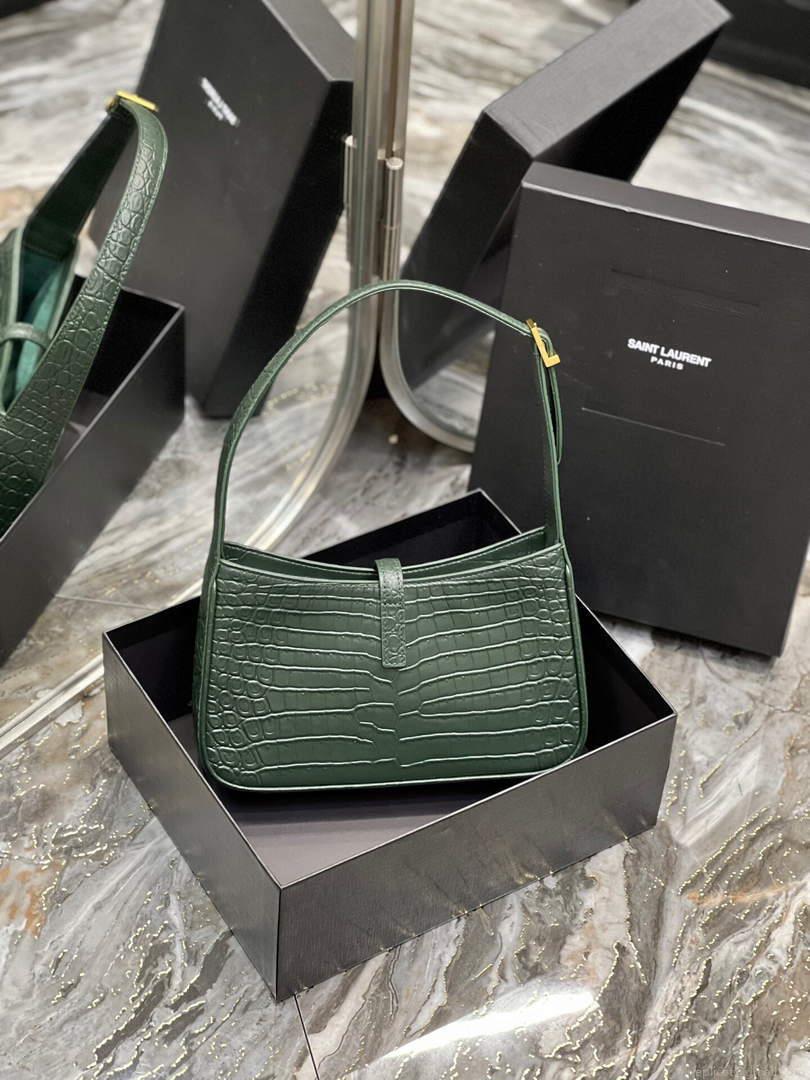 YSL LE5À7 657228 Hobo Bag In Crocodile Embossed Shiny Leather Dark Green