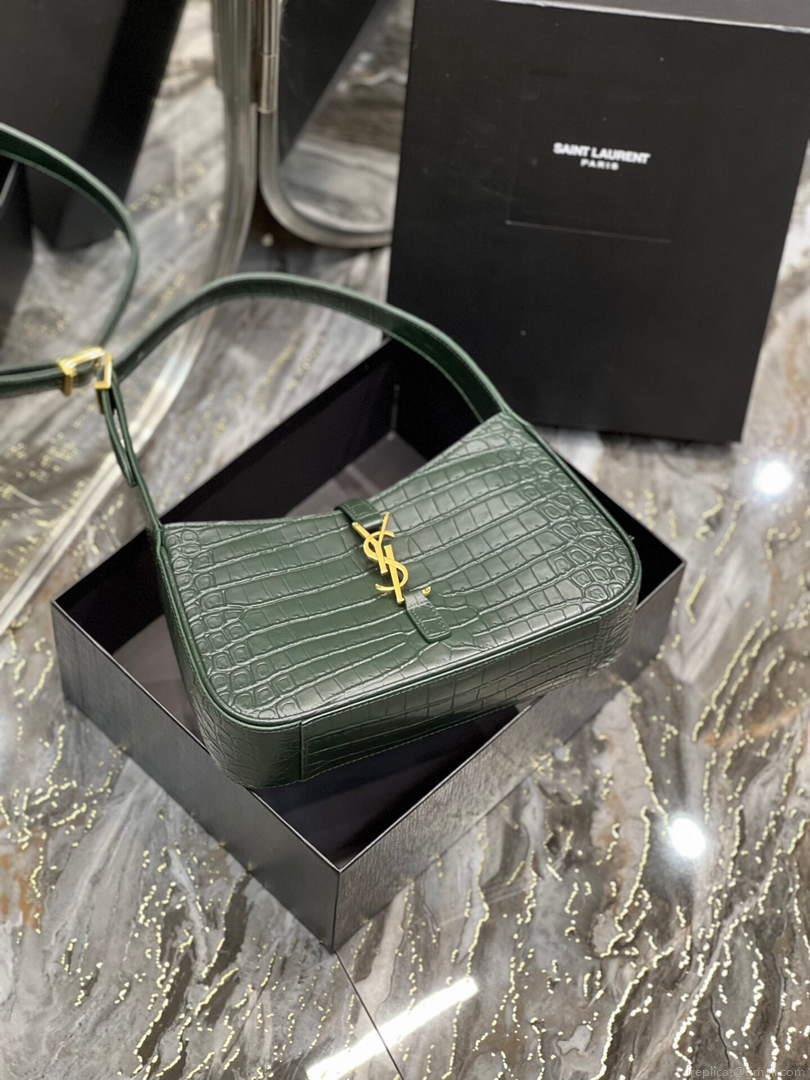 YSL LE5À7 657228 Hobo Bag In Crocodile Embossed Shiny Leather Dark Green