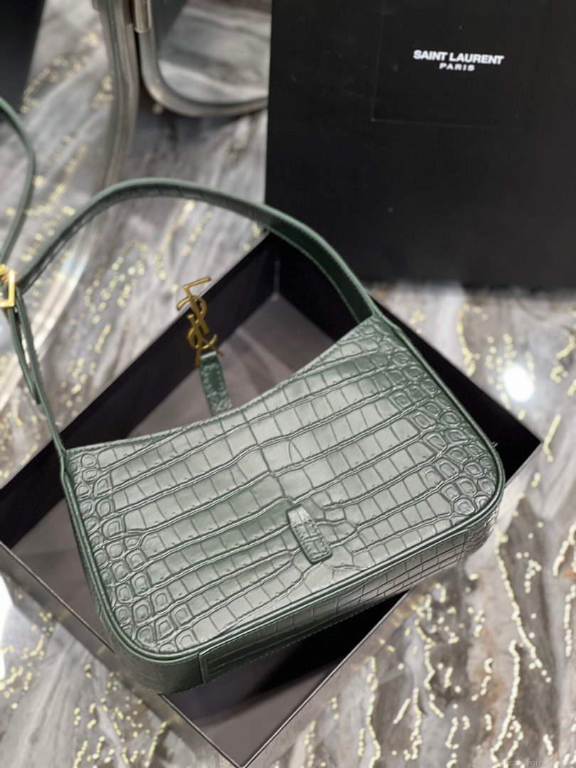 YSL LE5À7 657228 Hobo Bag In Crocodile Embossed Shiny Leather Dark Green