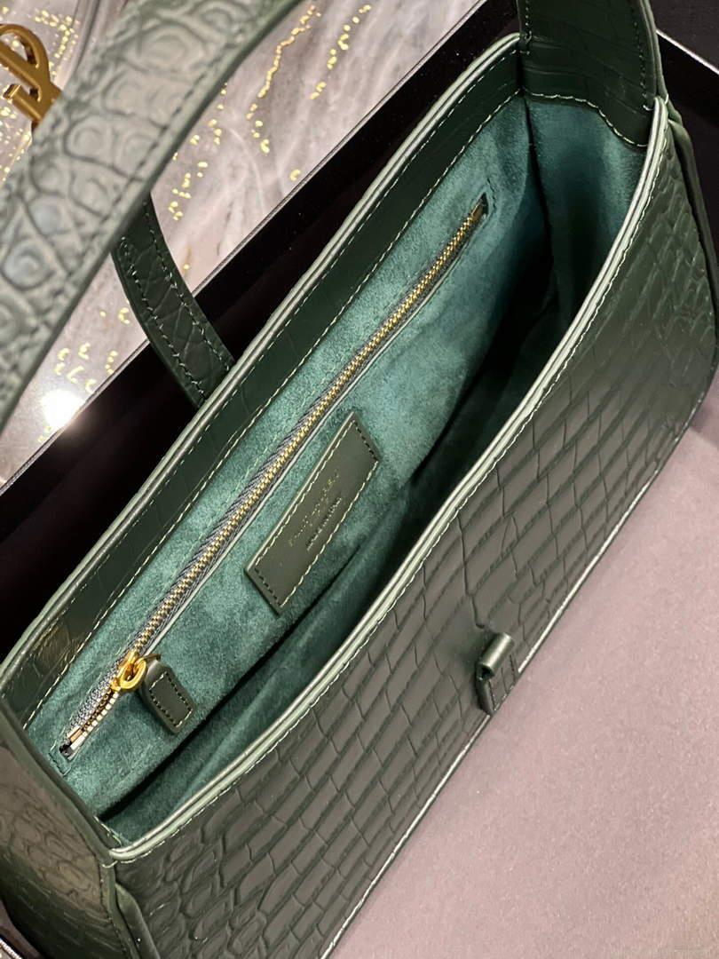 YSL LE5À7 657228 Hobo Bag In Crocodile Embossed Shiny Leather Dark Green