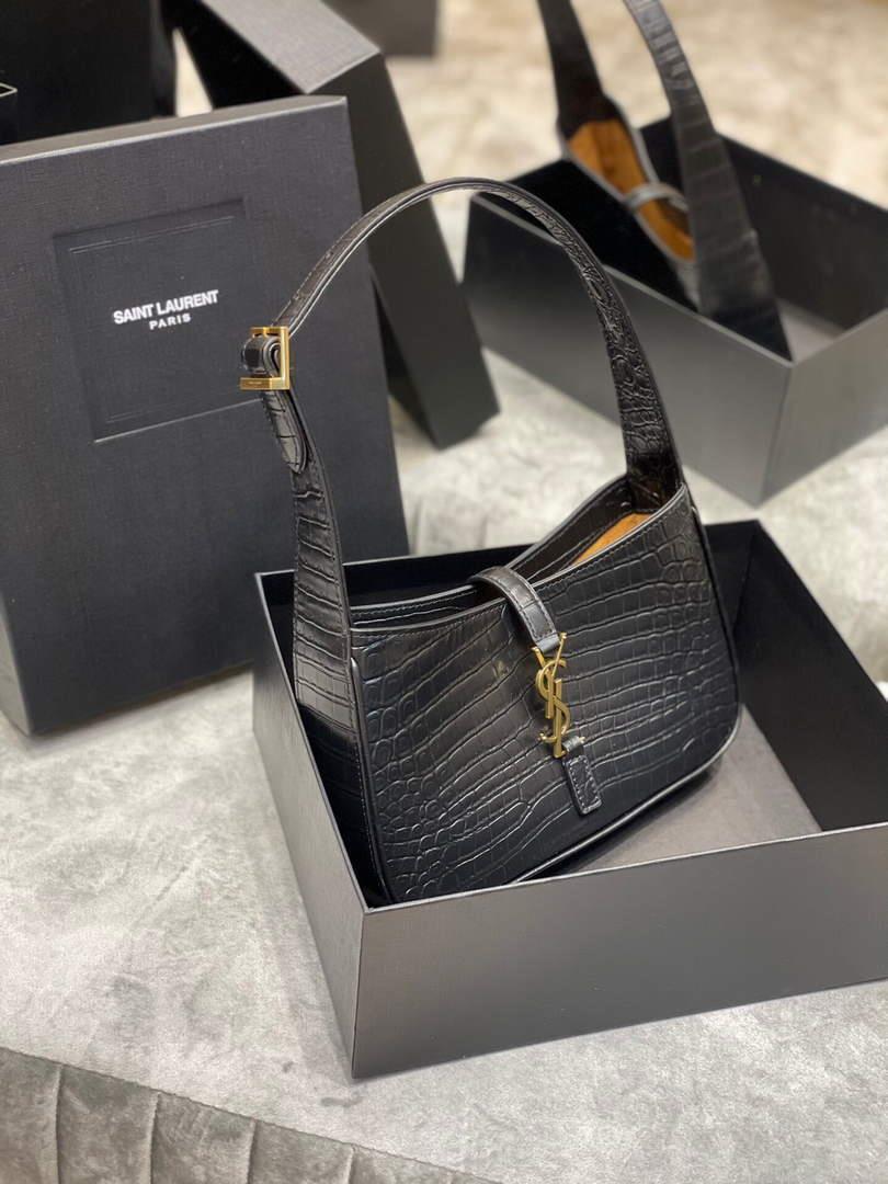 YSL LE5À7 657228 Hobo Bag In Crocodile Embossed Shiny Leather Black