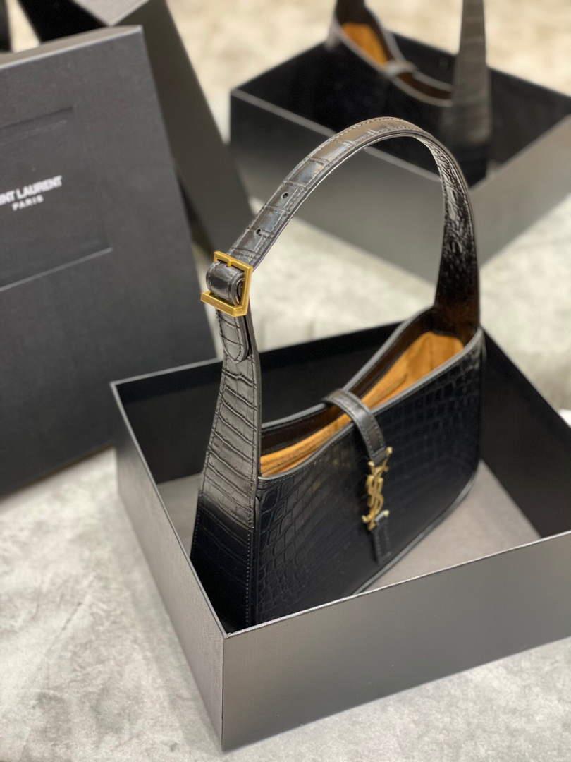 YSL LE5À7 657228 Hobo Bag In Crocodile Embossed Shiny Leather Black