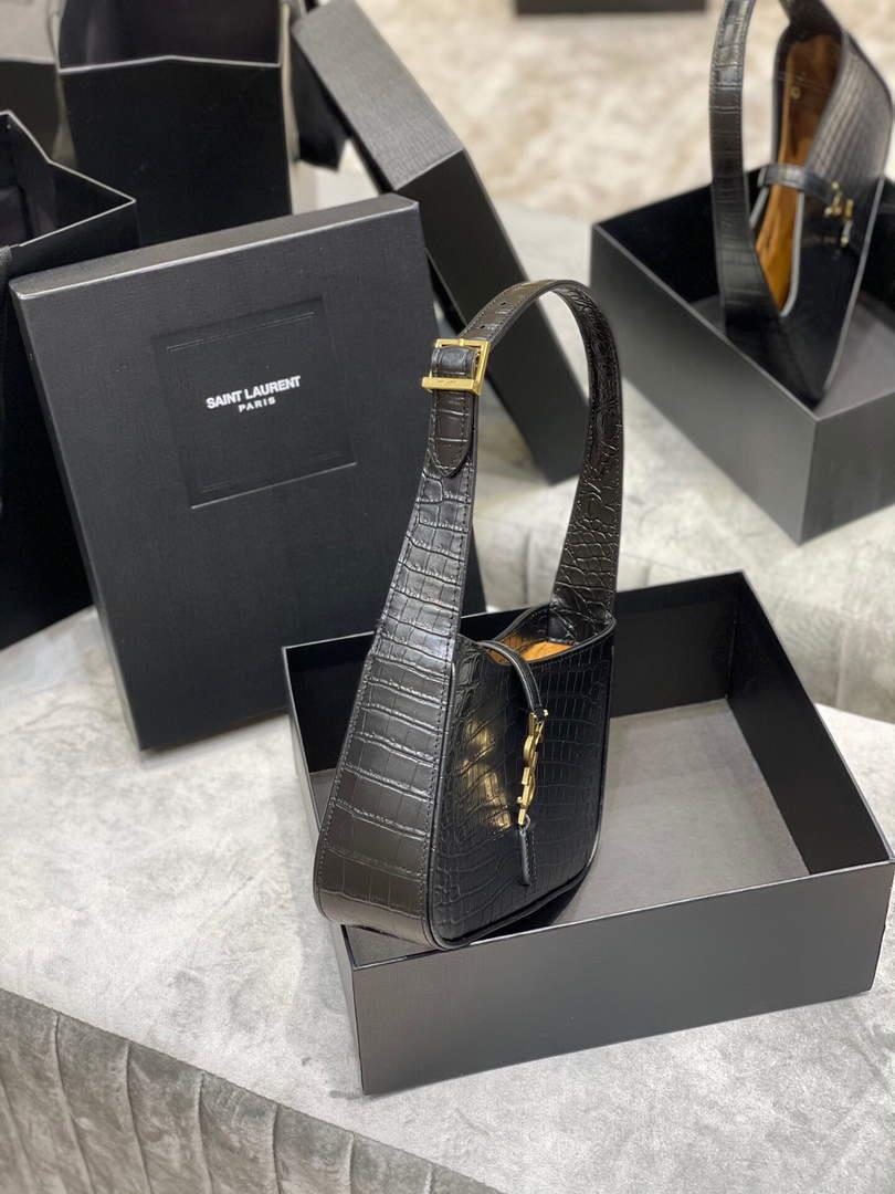 YSL LE5À7 657228 Hobo Bag In Crocodile Embossed Shiny Leather Black