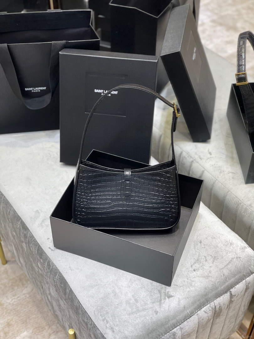 YSL LE5À7 657228 Hobo Bag In Crocodile Embossed Shiny Leather Black