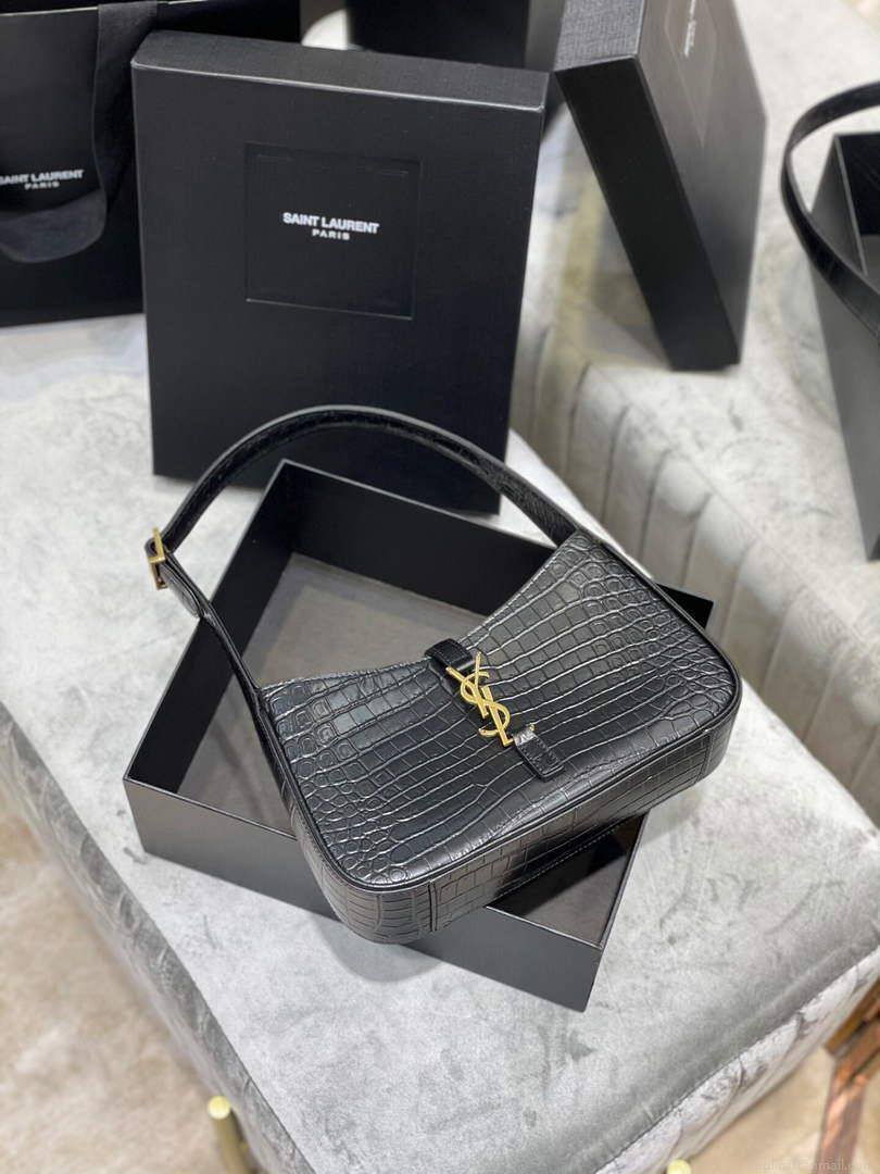 YSL LE5À7 657228 Hobo Bag In Crocodile Embossed Shiny Leather Black