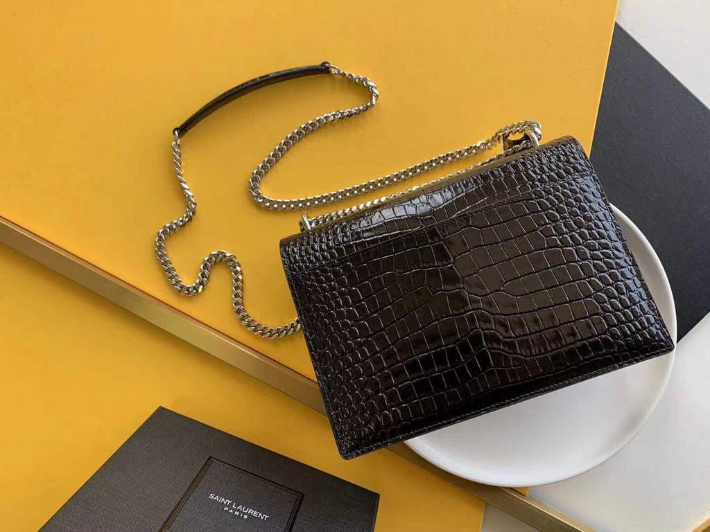 YSL 442906 Sunset Medium In Crocodile Embossed Shiny Leather Black