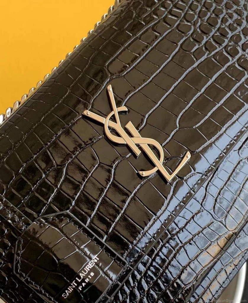 YSL 442906 Sunset Medium In Crocodile Embossed Shiny Leather Black