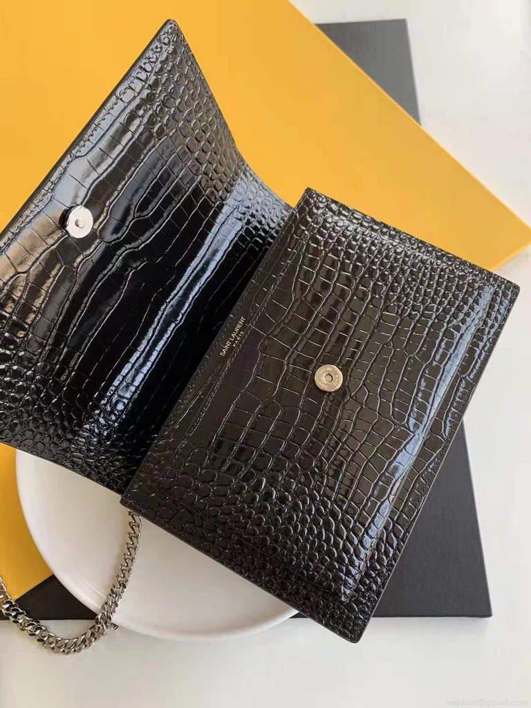 YSL 442906 Sunset Medium In Crocodile Embossed Shiny Leather Black
