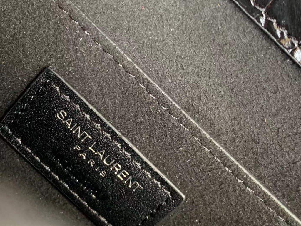 YSL 442906 Sunset Medium In Crocodile Embossed Shiny Leather Black