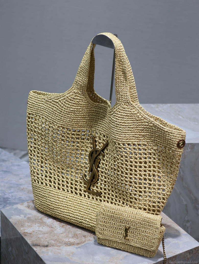 Saint Laurent YSL 772191 Icare In Raffia Maxi Shopping Bag Apricot