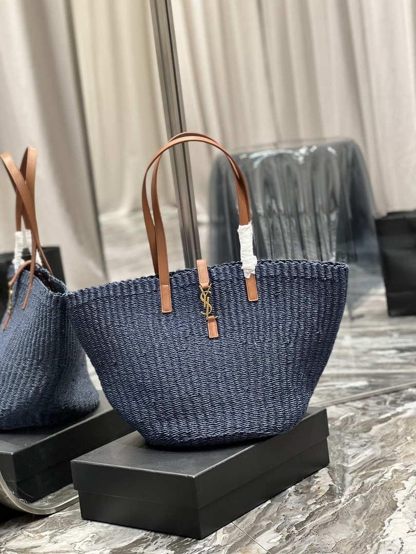 Saint Laurent 688221 YSL Panier Maxi Bag In Raffia Navy Blue