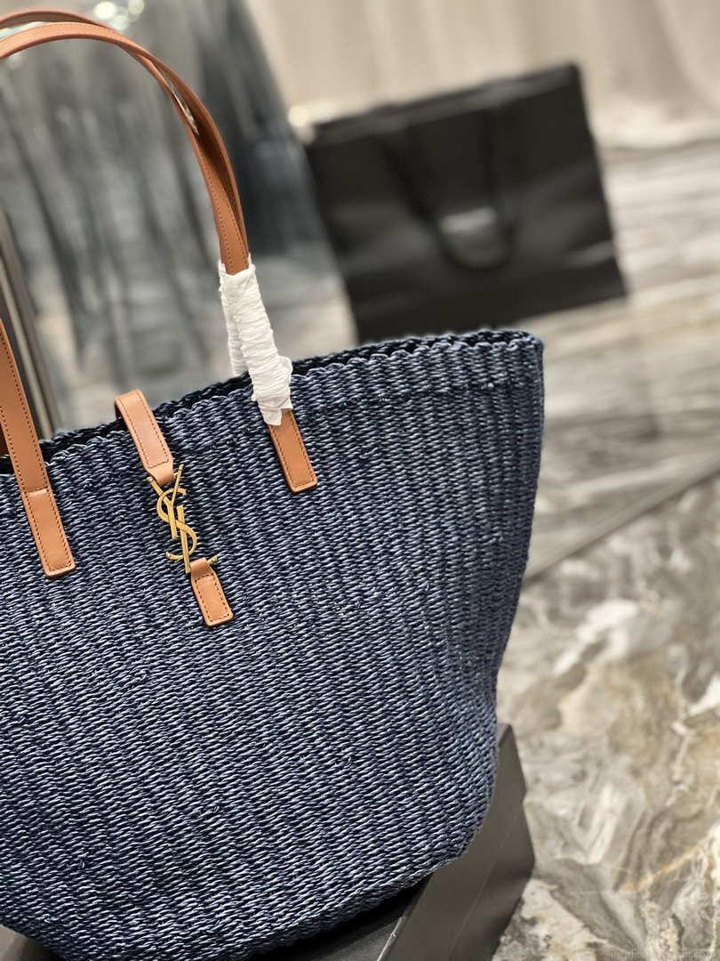 Saint Laurent 688221 YSL Panier Maxi Bag In Raffia Navy Blue