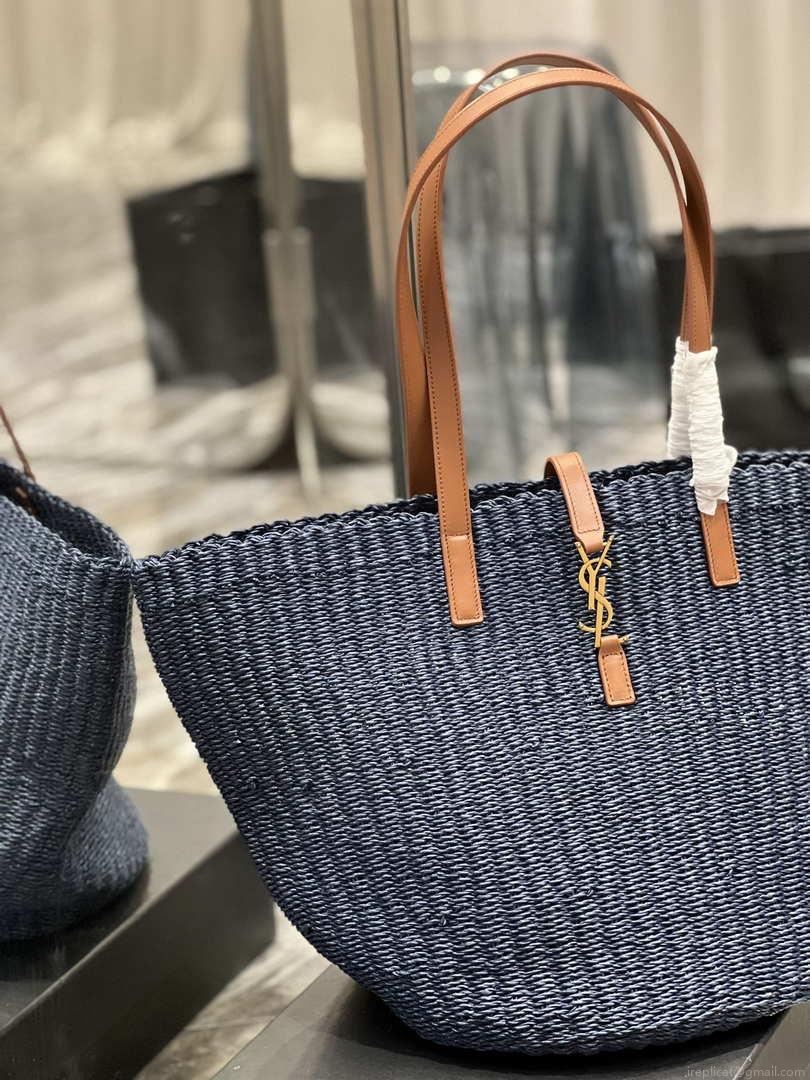 Saint Laurent 688221 YSL Panier Maxi Bag In Raffia Navy Blue
