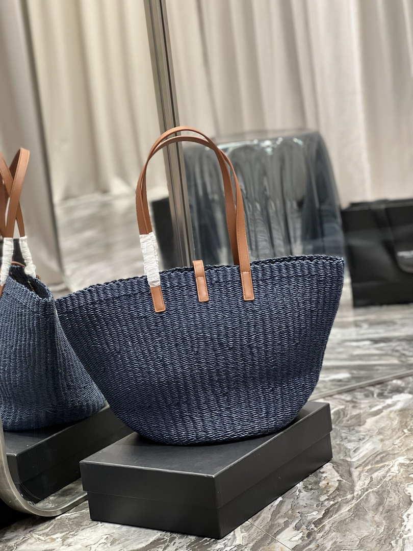 Saint Laurent 688221 YSL Panier Maxi Bag In Raffia Navy Blue