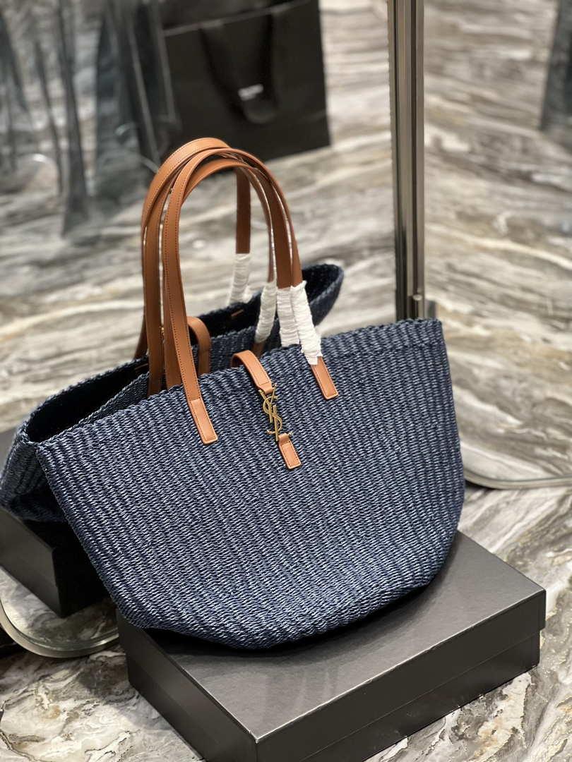 Saint Laurent 688221 YSL Panier Maxi Bag In Raffia Navy Blue
