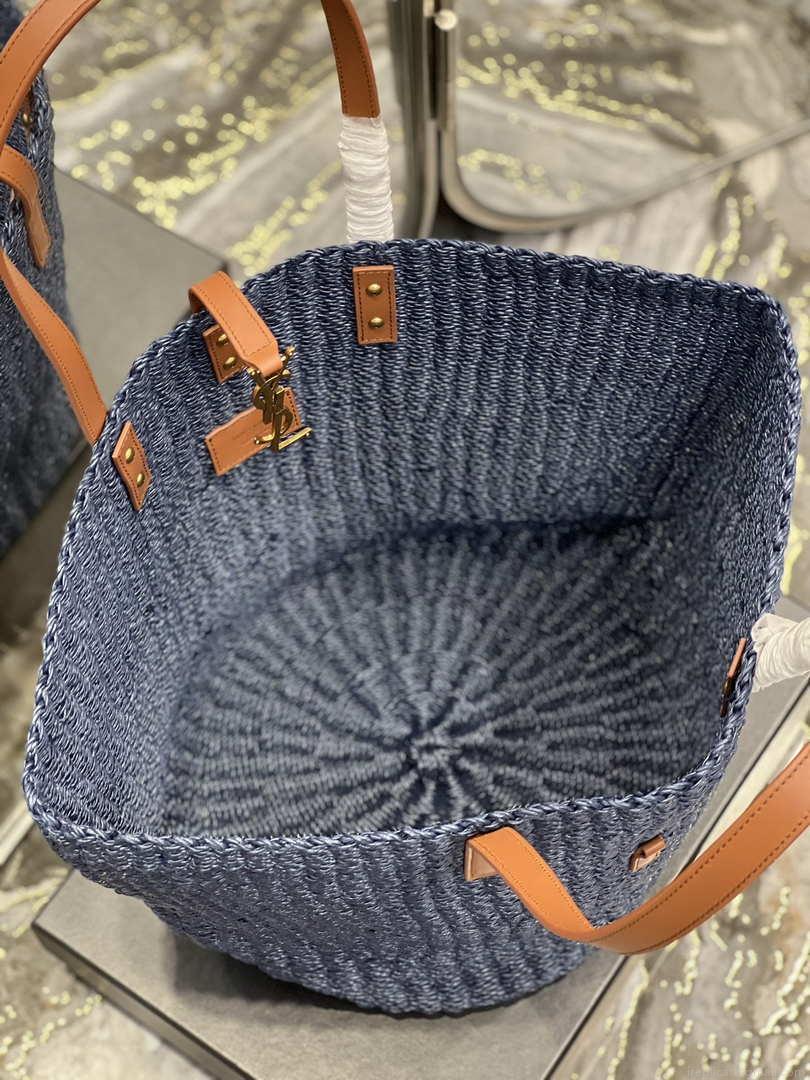 Saint Laurent 688221 YSL Panier Maxi Bag In Raffia Navy Blue