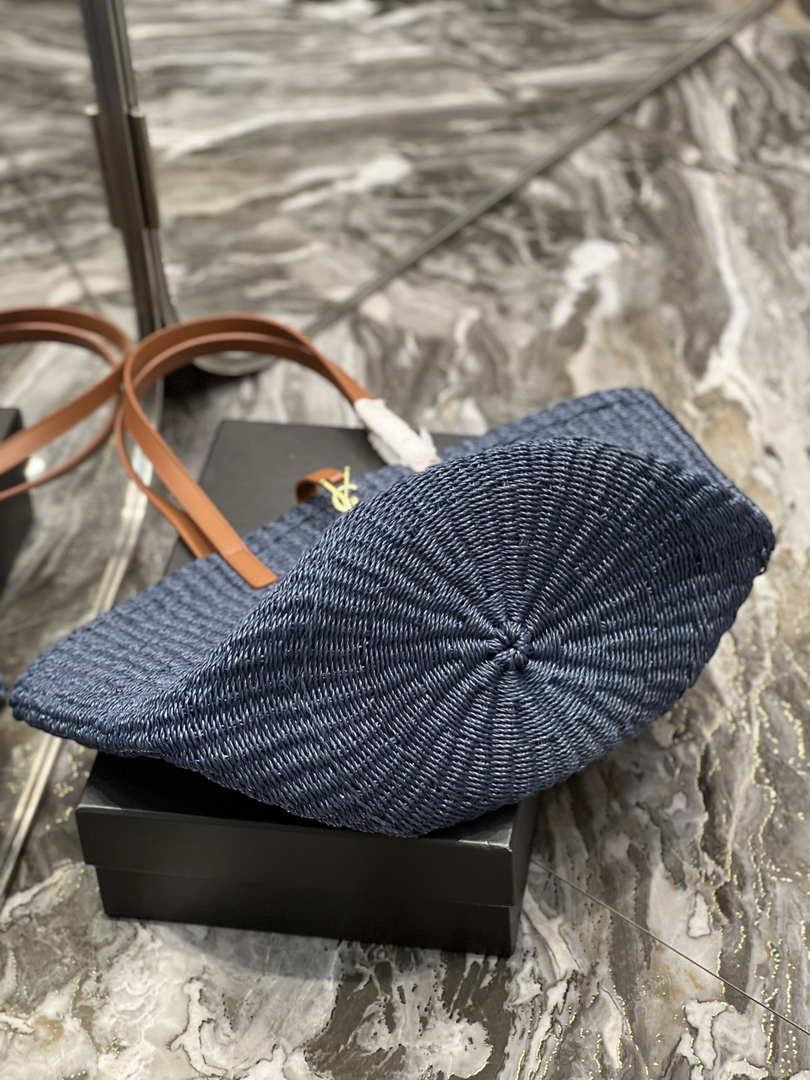 Saint Laurent 688221 YSL Panier Maxi Bag In Raffia Navy Blue