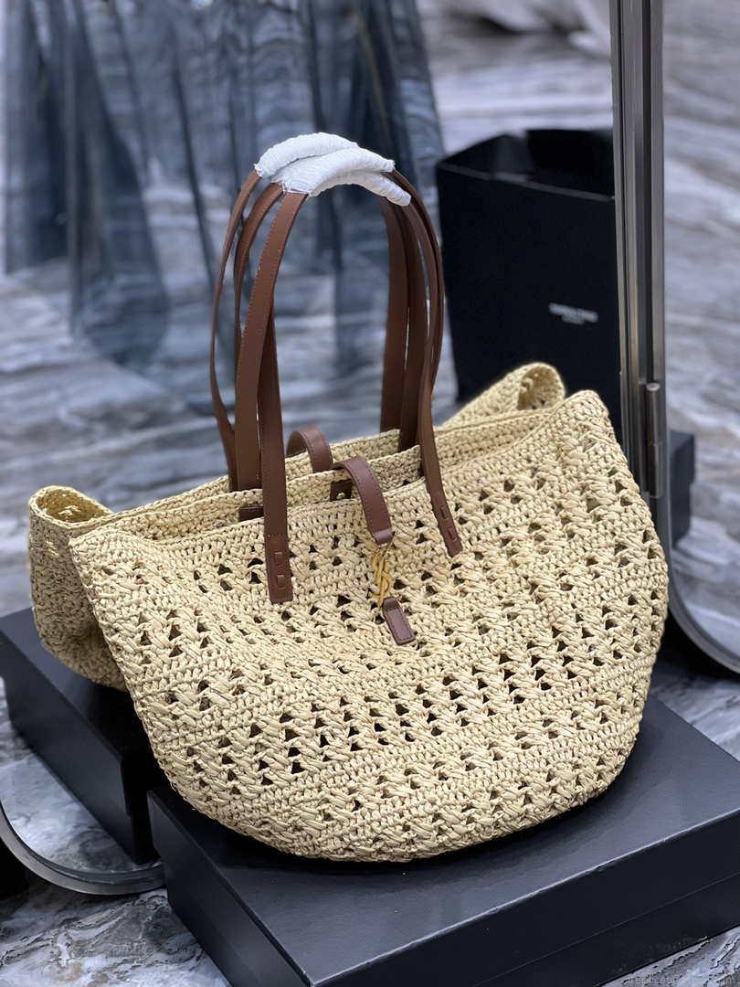 Saint Laurent 688221 YSL Panier Maxi Bag In Raffia Apricot