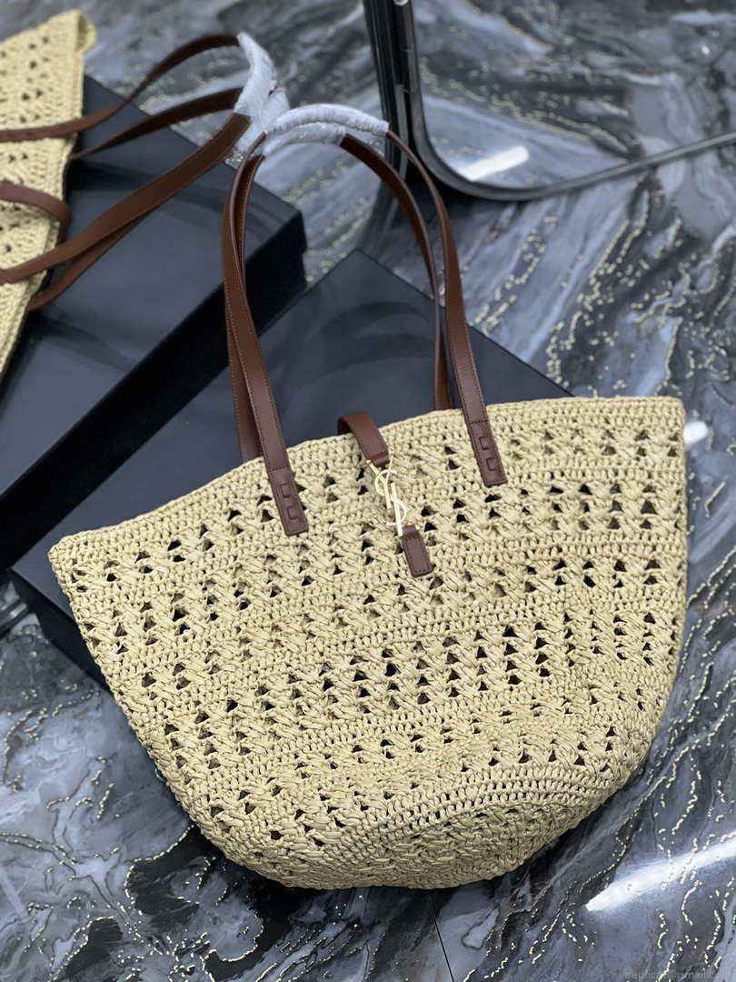 Saint Laurent 688221 YSL Panier Maxi Bag In Raffia Apricot