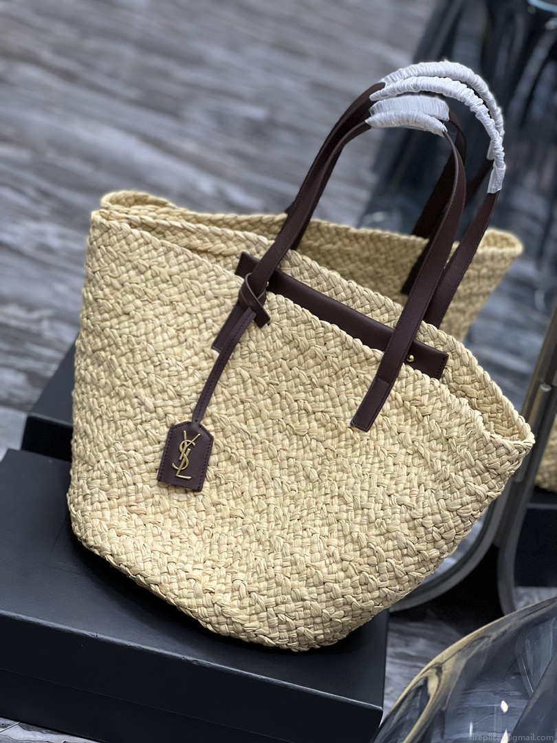 Saint Laurent YSL 693242 Tote Panier Maxi Bag In Raffia Apricot