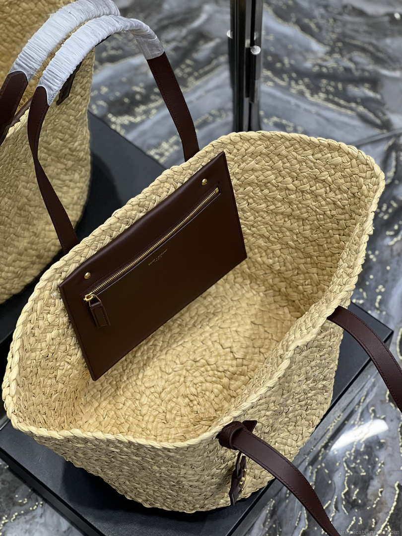 Saint Laurent YSL 693242 Tote Panier Maxi Bag In Raffia Apricot