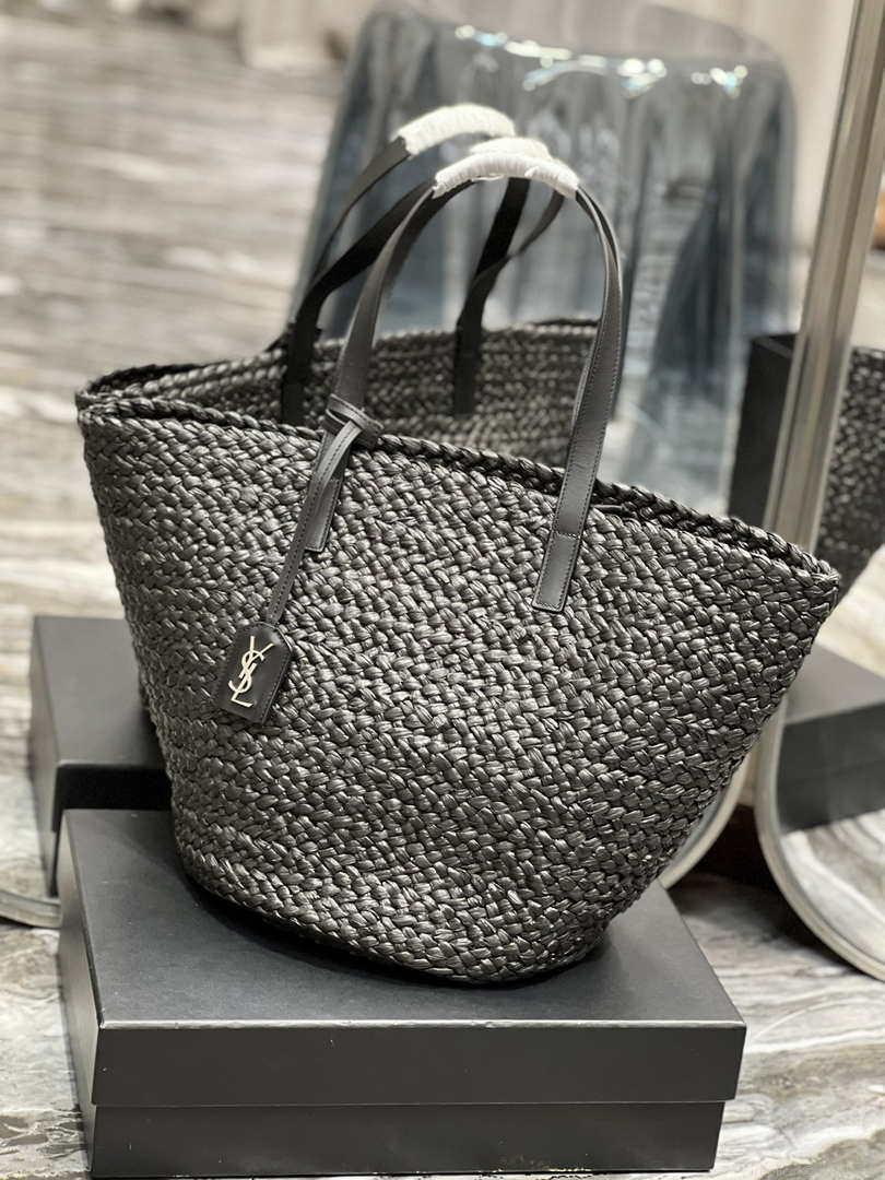 Saint Laurent YSL 693242 Tote Panier Maxi Bag In Raffia Black