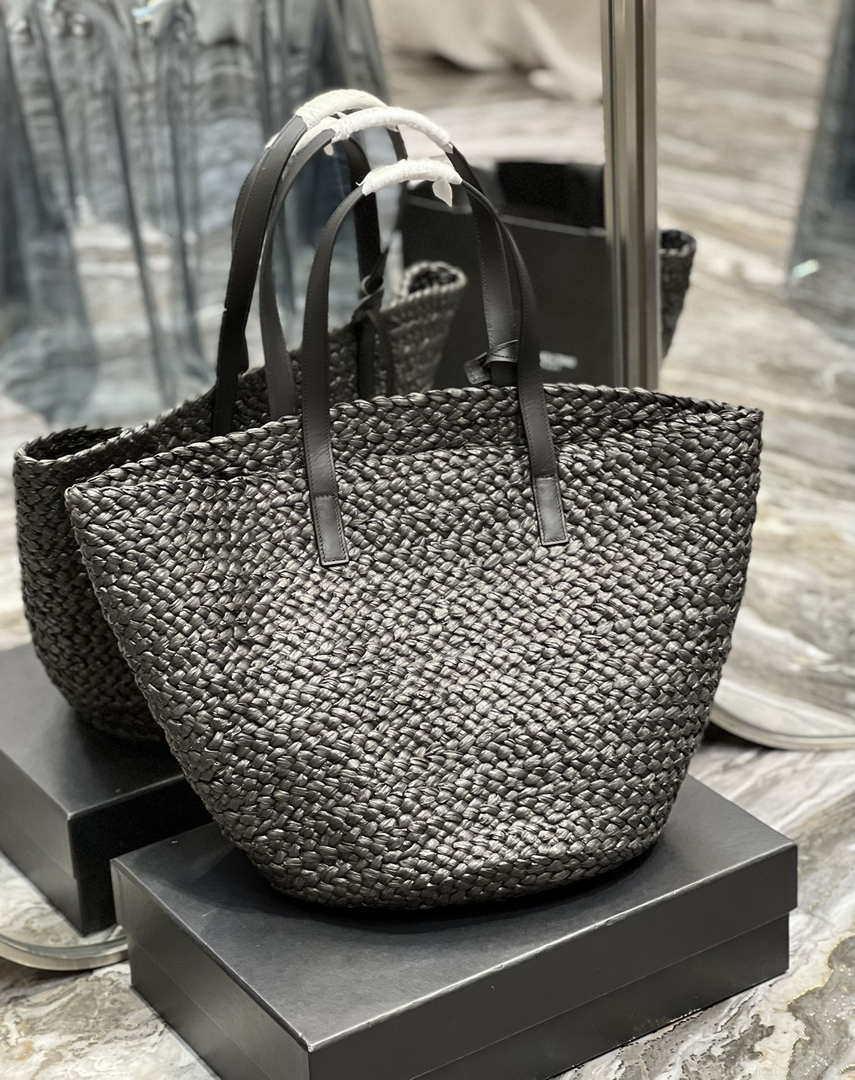 Saint Laurent YSL 693242 Tote Panier Maxi Bag In Raffia Black