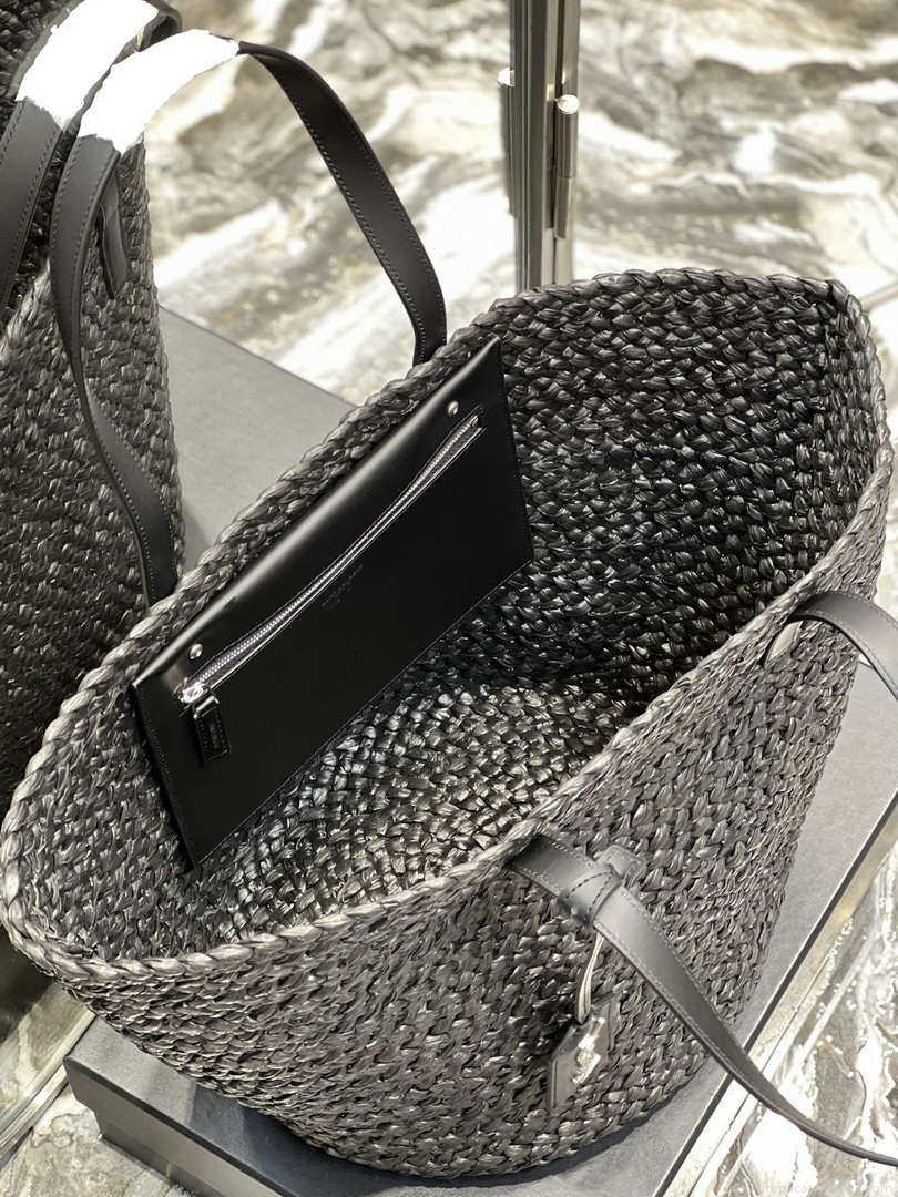 Saint Laurent YSL 693242 Tote Panier Maxi Bag In Raffia Black
